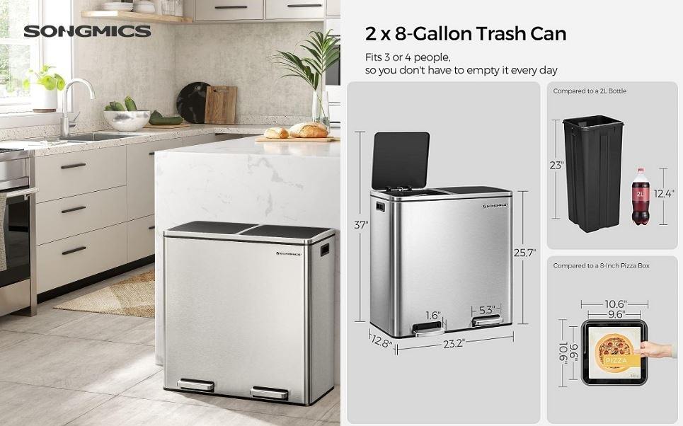 SONGMICS Trash Can, 2 x 8-Gallon Garbage Can for Kitchen